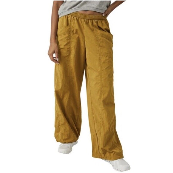 Free People Movement Gold Wide Leg Cinch Hem Parachute Pants Sz S - Picture 1 of 7